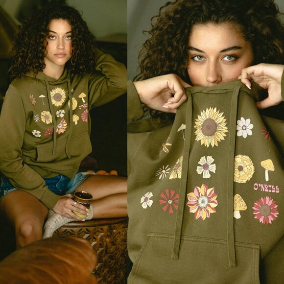 O'Niell Offshore Cotton Fleece Graphic Hoodie M Olive Green Mushroom Flower Boho - Picture 1 of 16